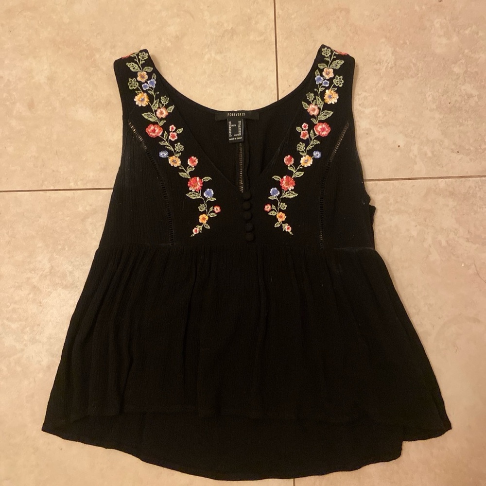 Forever 21 Black Sleeveless Tank with Multicolor Floral Embroidery